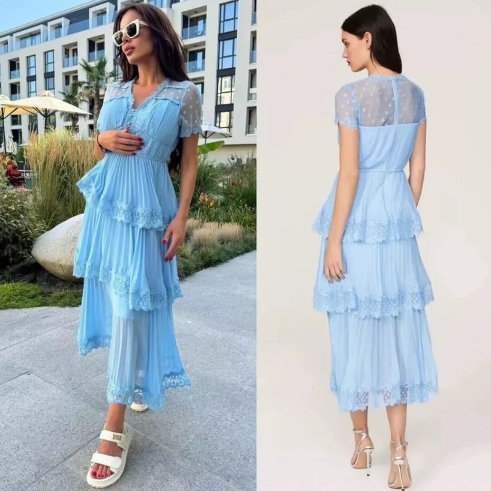 Self Portrait Elegant Blue Layered Dress Size Us 8.